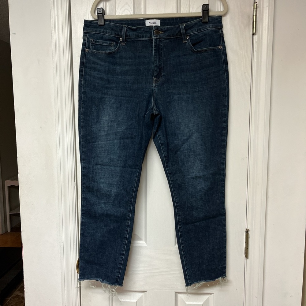 Pistola Dark Wash Stretch Denim Raw Hem Crop Ankle Jeans